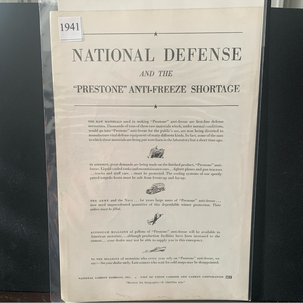 Vintage 1941 Prestone Anti Freeze National Defense Ad Advertisement